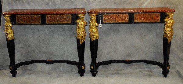 Pair 19th C ebonized bronze mounted console tables: Pair 19th C ebonized bronze mounted console tables with bronze figural shoulder mounts and faux marble tops. H:36" L:44" D:14"