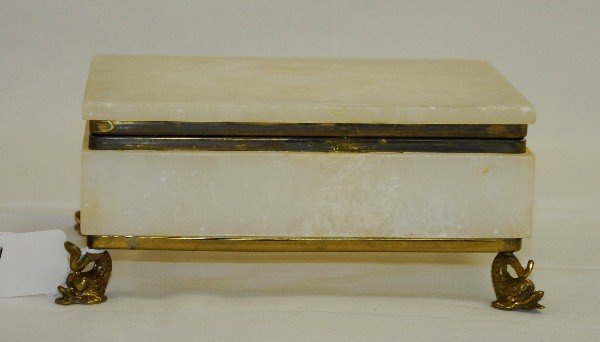 Antique onyx and bronze Italian hinge covered box.: Antique onyx and bronze Italian hinge covered box. H:3.25" L:8.75" D:5.25"