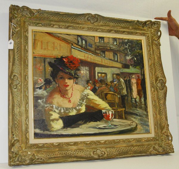 Jerome St Germain, oil on cnavas lady dining in carved: Jerome St Germain, oil on cnavas lady dining in carved wood frame signed lower right. Site size H:20.5" W:24" overall size H:29" W:32.75"