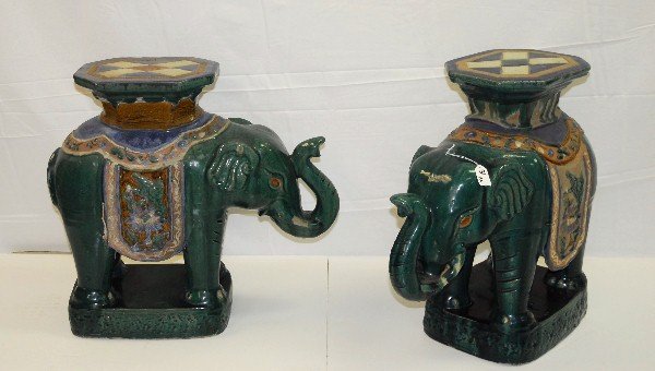 Pair antique Chinese painted and glazed terracotta: Pair antique Chinese painted and glazed terracotta elephant garden benches. H:24" W:11" D:24"