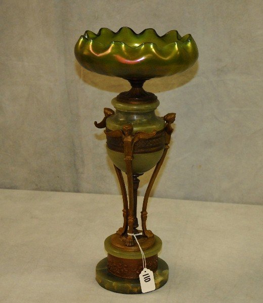 19th C Bronze and onyx copote with tiffany style glass: 19th C Bronze and onyx copote with tiffany style glass bowl. H:19.5" D:8.5"