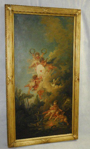 Attributed to Francois Boucher "Amos Playing"-6 love pu: Attributed to Francois Boucher "Amos Playing"-6 love putti, mounted in carved possibly original giltwood frame, Label and writing on back, American Art Association Anderson Galleries Inc. Writing indi
