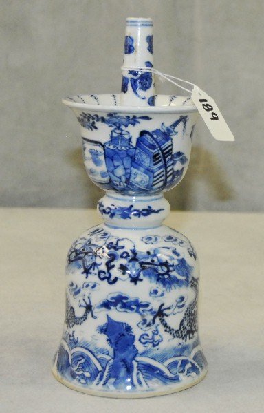18th/19th C Chinese porcelain incense holder: 18th/19th C Chinese blue and white porcelain incense holder. H:10"