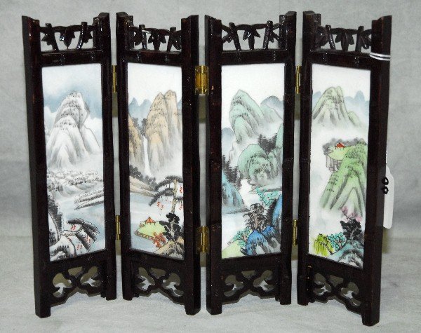 Antique four panel chinese porcelain and wood table: Antique four panel chinese porcelain and wood table screen. H:8" W:10"