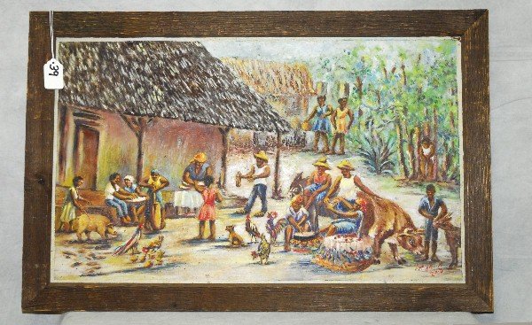 Oil on board by Hatian artist P. Allerto. Overall: Oil on board by Hatian artist P. Allerto. Overall size H:17" W:26"