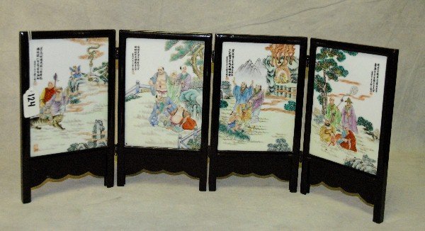 Chinese hand painted 4 panel porcelain table top screen: Chinese hand painted 4 panel porcelain table top screen with caligraphy on each panel. Size of each panel H:10. 5" W:6"
