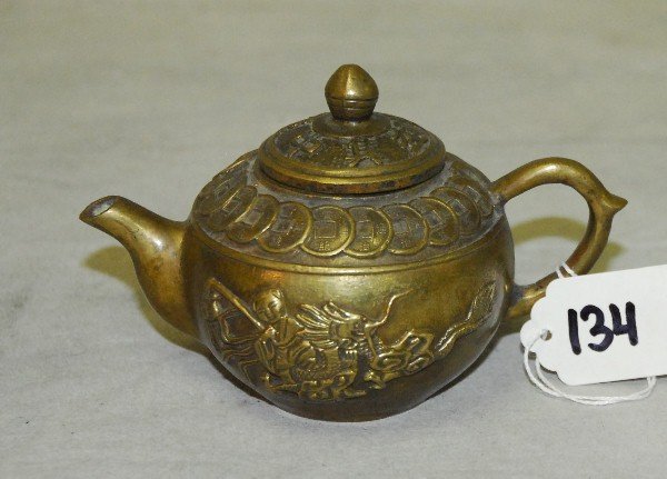 Chinese bronze tea pot with chop mark on bottom . H:3": Chinese bronze tea pot with chop mark on bottom . H:3" D:5. 5"