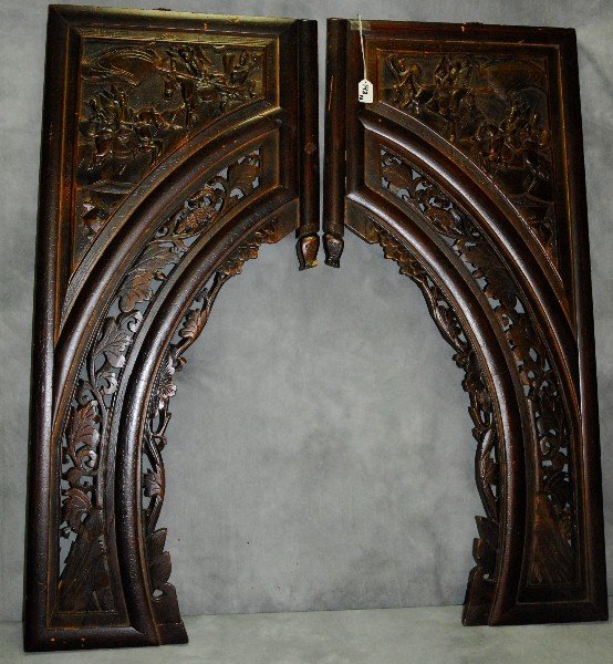 Pair antique Chinese wood decorated wall panels. H:43": Pair antique Chinese wood decorated wall panels. H:43" W:19"