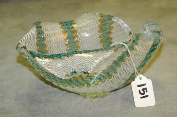 Murano glass conch shell bowl attributed to Dino: Murano glass conch shell bowl attributed to Dino Martens. H:3. 75" L:8. 25" D:6. 5"