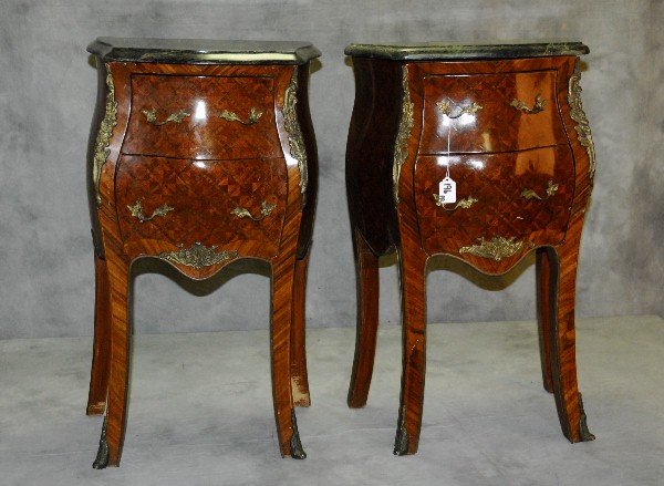 Pair mahogany bronze mounted green marble top 2 drawer: Pair mahogany bronze mounted green marble top 2 drawer nightstands. H:28. 5" W:17" D:12"