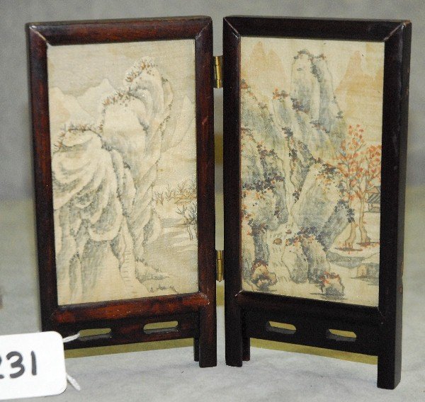 Chinese 2 panel miniature table screen. H:6" W:6. 75": Chinese 2 panel miniature table screen. H:6" W:6. 75"