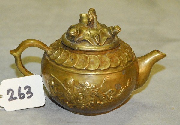 Chinese bronze teapot with chop mark on bottom. H:3.: Chinese bronze teapot with chop mark on bottom. H:3. 5"