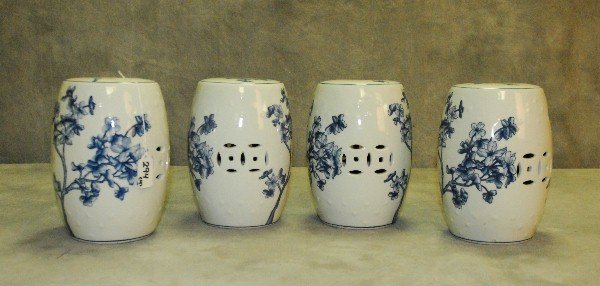 Set of 4 Chinese blue and white miniature porcelain: Set of 4 Chinese blue and white miniature porcelain garden stools. H:8. 25" D:5. 5"