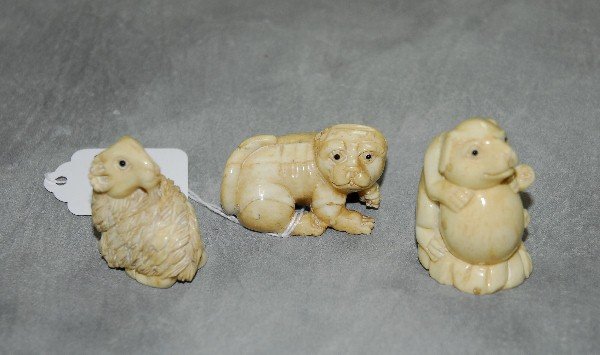 3 Chinese marine ivory animal netsukes , signed: 3 Chinese marine ivory animal netsukes , signed. H:2"