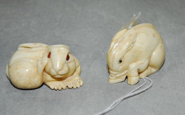 Two Chinese marine ivory animal netsukes both signed: Two Chinese marine ivory animal netsukes both signed. L:2"