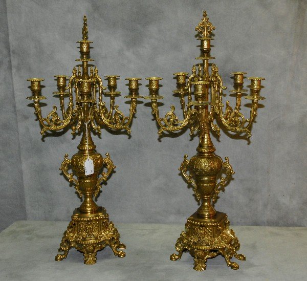 Pair antique Bronze six light candleabra with original: Pair antique Bronze six light candleabra with original candle snuffers. H:27" .