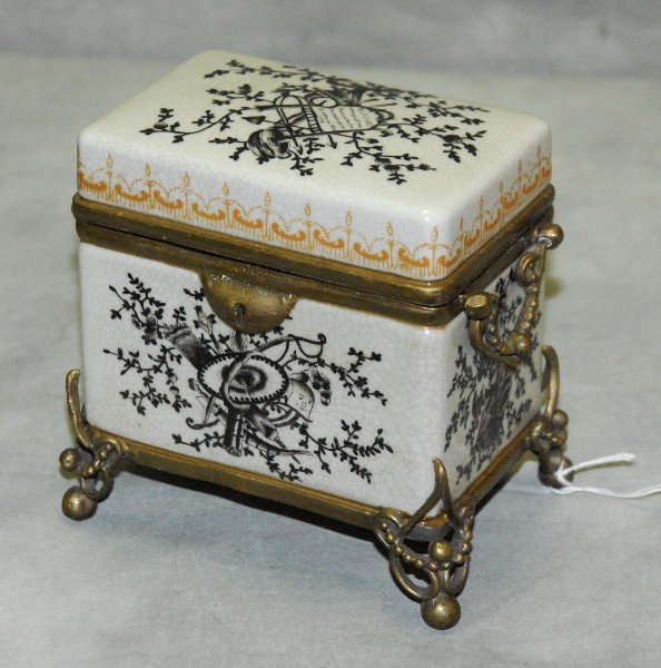 Porceain and bronze hinge covered box. H:5.5: L:5.75": Porceain and bronze hinge covered box. H:5.5: L:5.75" D:4" .