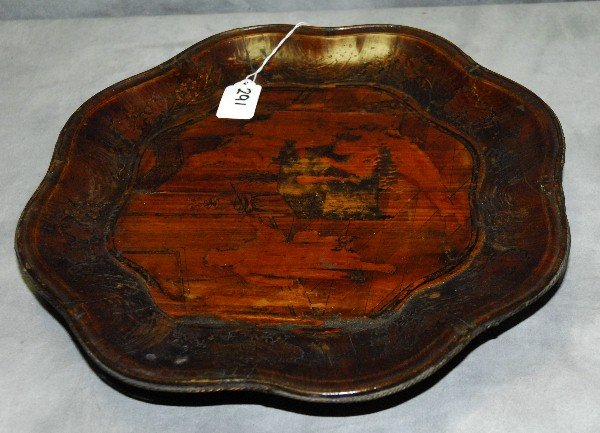 Chinese laquered footed tray. H:2.25" D:14" .: Chinese laquered footed tray. H:2.25" D:14" .
