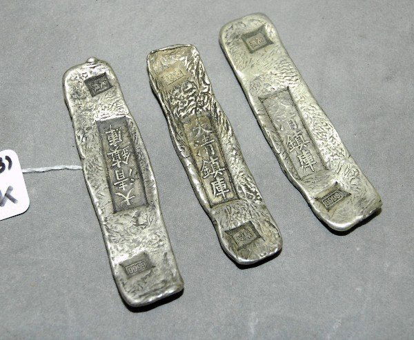 Three Chinese silver bars with caligraphy: Three Chinese silver bars with calligraphy . L:4"