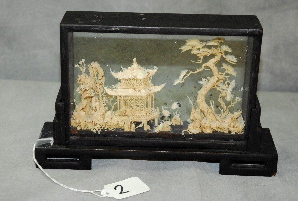 Chinese carved bone village scene shadow box. H:5.75": Chinese carved bone village scene shadow box. H:5.75" W:9" D:2.5"