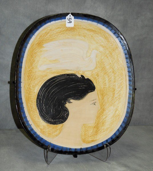 Andre Brasilier , pottery charger titled "La Messagere: Andre Brasilier , pottery charger titled "La Messagere blonde" numbered 19. 30. H:19.5" W:17"