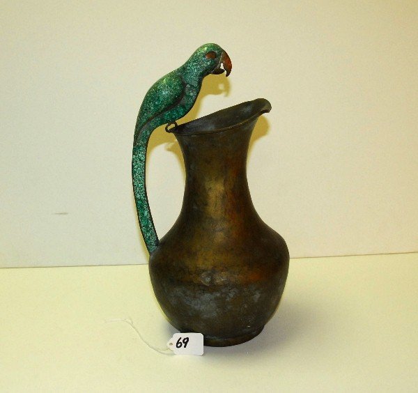 Los Castillos hand hammered copper vase with figural: Los Castillos hand hammered copper vase with figural bird handle made of mixed lapis lazuli and malachite. H:14.25"