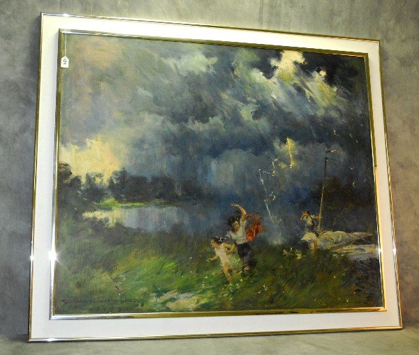 Howard Chandler Christy (American 1873-1952) Oil on: Howard Chandler Christy (American 1873-1952) Oil on canvas of children running through a storm signed lower left and dated 1947. Site Size H:42" W:50" Overall size H:48" W:56.5"