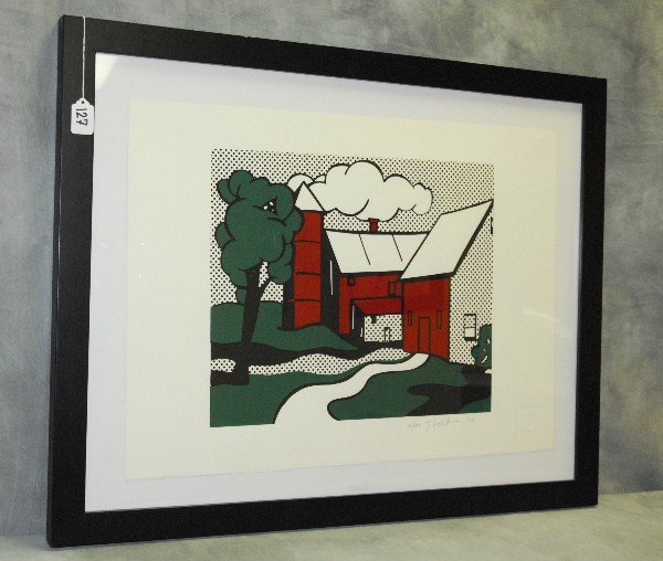 Roy Lichtenstein lithograph pencil signed and dated: Roy Lichtenstein lithograph "Red Barn" Bears pencil signature and dated lower right 1969 and numbered 70. 250 with raised seal on lower right. site size H:19" W:26"