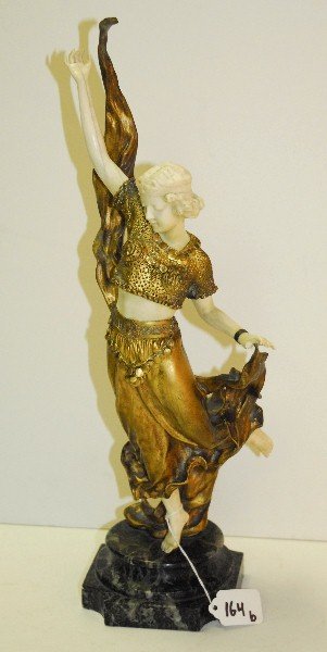 Affortunato Gory (Gori) It.. Fr. Worked from 1895-1925,: Affortunato Gory (Gori) It.. Fr. Worked from 1895-1925, Danseuse Arabe (Belly Dancer), A signed Gilt bronze and ivory figure circa 1900. H:19"