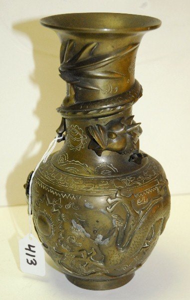 19th C Chinese bronze dragon vase with marks on bottom.: 19th C Chinese bronze dragon vase with marks on bottom. H:9.75"