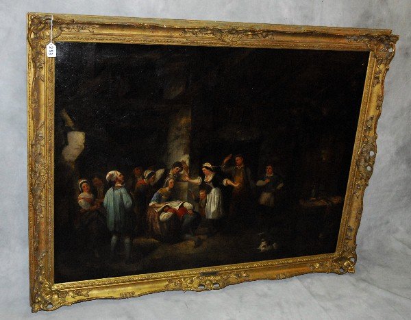 18th c Old master oil on canvas in giltwood frame: 18th c Old master oil on canvas in giltwood frame with name plaqe of Sir. David Wilkie.Site Size H:35.5" W:47 This item bought by Roland Freyer who bought 127 lots in last month sale and never paid us