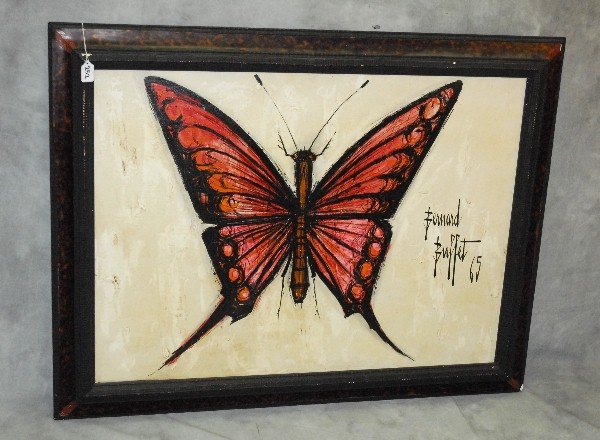 Bernard Buffet, Fr. 1928-1999, oil on canvas Butterfly: Bernard Buffet, Fr. 1928-1999, oil on canvas Butterfly in Orange, bears signed and dated: Bernard Buffet, 65. Sight Size: H: 29" W: 39.25" in Orange, signed and dated: Bernard Buffet, 65. Sight Size: