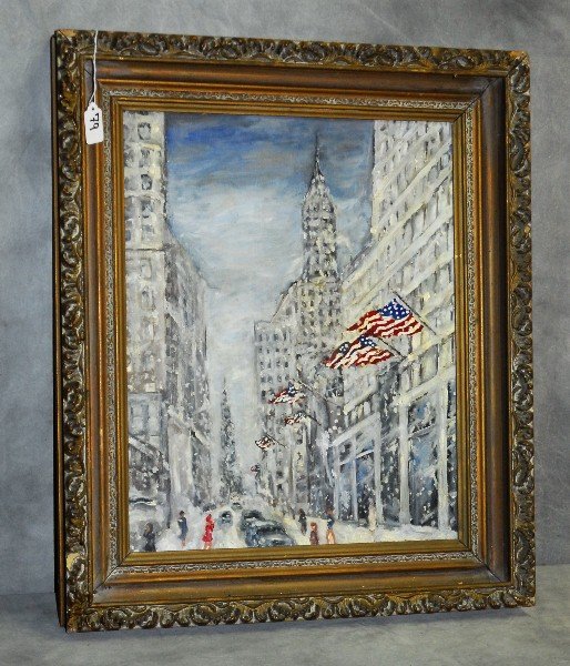 In the manner of Guy Wiggins oil on board snow scene of: In the manner of Guy Wiggins oil on board snow scene of city street. Site size H:20" W:16"