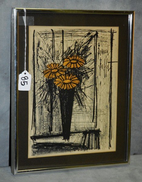 Bernard Buffet (1928-) original signed lithograph of: Bernard Buffet (1928-) original signed lithograph of flowers in vase. Site size H:11.5" W:8.5"