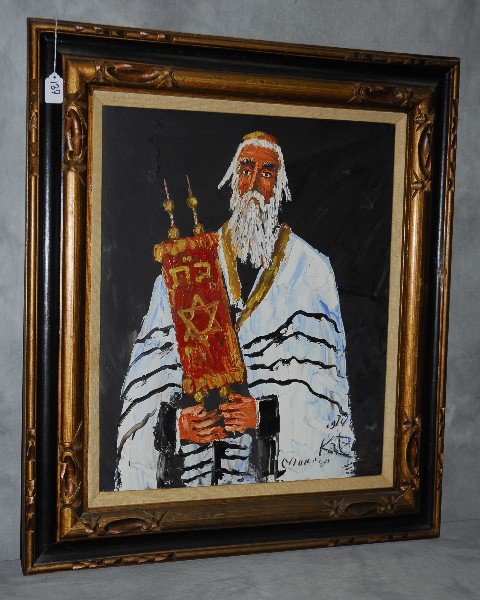 Morris Katz (1931-2010)Jewish judaica scene of Rabi: Morris Katz (1931-2010)Jewish judaica scene of Rabi oil on board signed and dated lower right Morris Katz '74 Site size H:23.5" W:19.5"