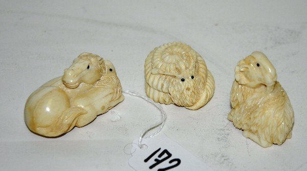 3 Chinese marine ivory netsukes: 3 Chinese marine ivory netsukes