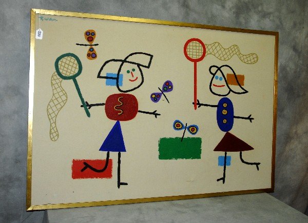 R. Wilson oil on canvas of stick figures playing: R. Wilson oil on canvas of stick figures playing tennis. Site Size H:31.75" W:47.5"