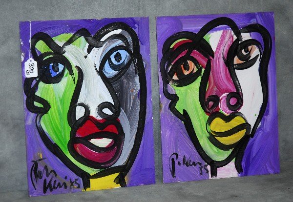 Peter Robert Keil (1942-) Pair signed abstract fiures: Peter Robert Keil (1942-) Pair signed abstract fiures oil on boards. H:16" W:12"
