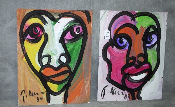 Pair Peter Keil oil on boards of faces: Pair Peter Keil oil on boards of faces both signed lower left. H:16" W:12"