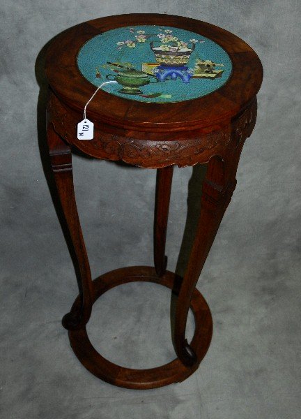 Antique Chinese hardwood table with cloisonne top.: Antique Chinese hardwood table with cloisonne top. H:36" D:17"