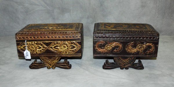 2 Cambodian carved wood covered boxes. H:7.25" L:11.5": 2 Cambodian carved wood covered boxes. H:7.25" L:11.5" D:6.75"