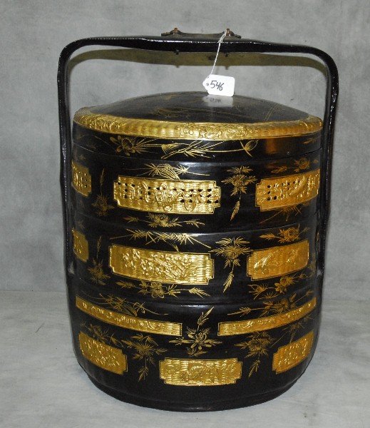 Large black laquere and gilt wood box. H:19" D:14.5": Large black laquere and gilt wood box. H:19" D:14.5"