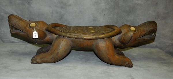Indonesian wood bone inlaid double headed bench. H:12": Indonesian wood bone inlaid double headed bench. H:12" L:39" D:12"