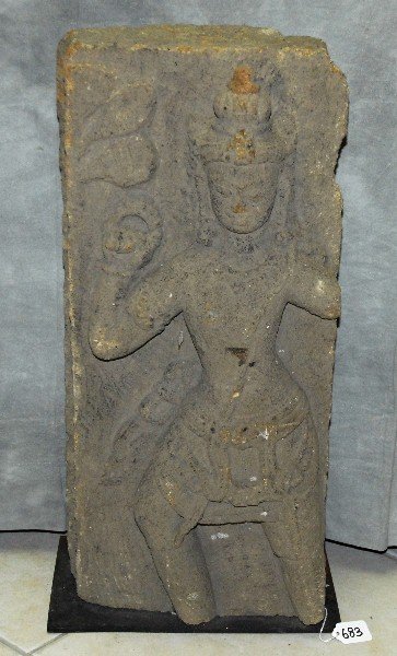 Stone Cambodian Bas-relief, Dieng Plateau raised on: Stone Cambodian Bas-relief, Dieng Plateau raised on metal stand. H:24.75" W:12.75"