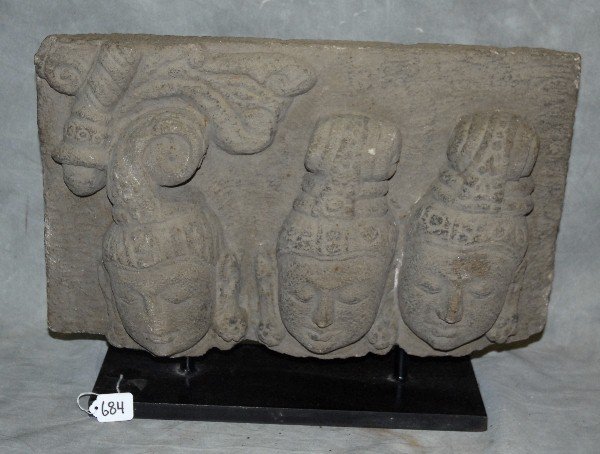 Stone Cambodian Bas-relief , original Majapahit Kingdom: Stone Cambodian Bas-relief , original Majapahit Kingdom stone Dieng Plateau, 3 heads over 800 years old. H: