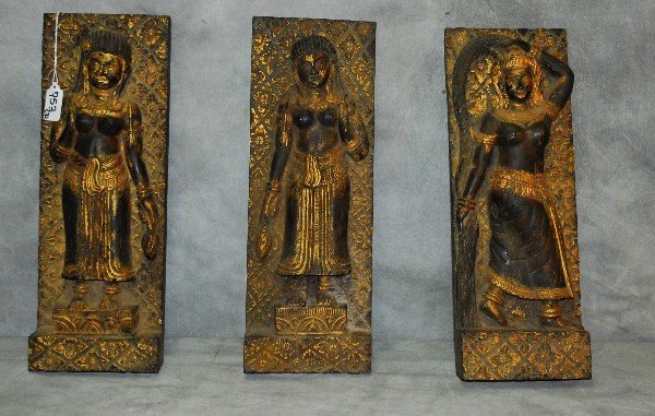 3 Cambodian carved and polychrome wall plaques. H:16": 3 Cambodian carved and polychrome wall plaques. H:16" W:6"