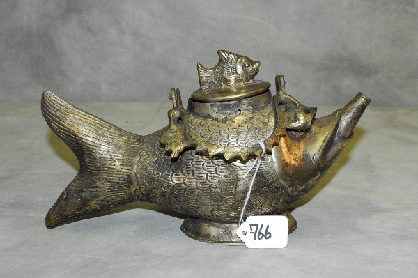 Silvered bronze Indonesian fish form teapot. H:8.5": Silvered bronze Indonesian fish form teapot. H:8.5" L:11"