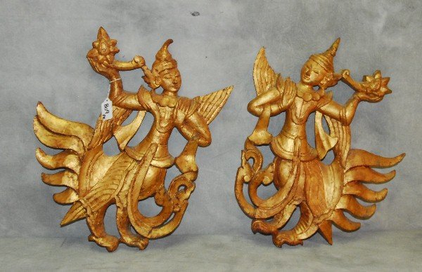 Pair Burmese carved giltwood angels. H:17.5" W:14": Pair Burmese carved giltwood angels. H:17.5" W:14"
