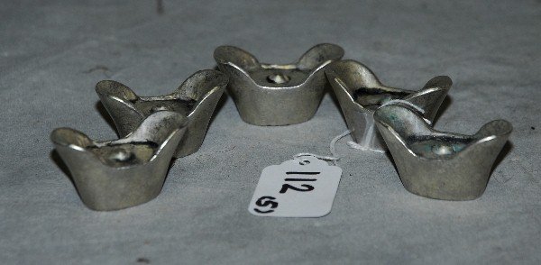 Five Chinese Qing Dynasty silver ignot's. H:1" L:1.: Five Chinese Qing Dynasty silver ignot's. H:1" L:1. 75".
