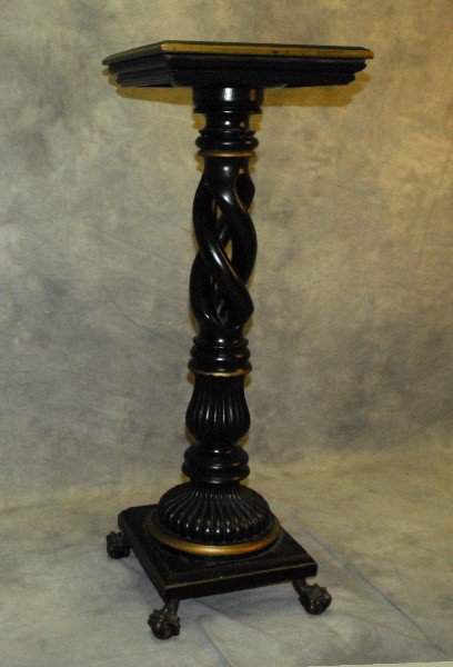 19th C ebonized barley twist pedestal with bronze and: 19th C ebonized barley twist pedestal with bronze and wood ball and claw feet. H:39. 75"W:14" D:13. 5".